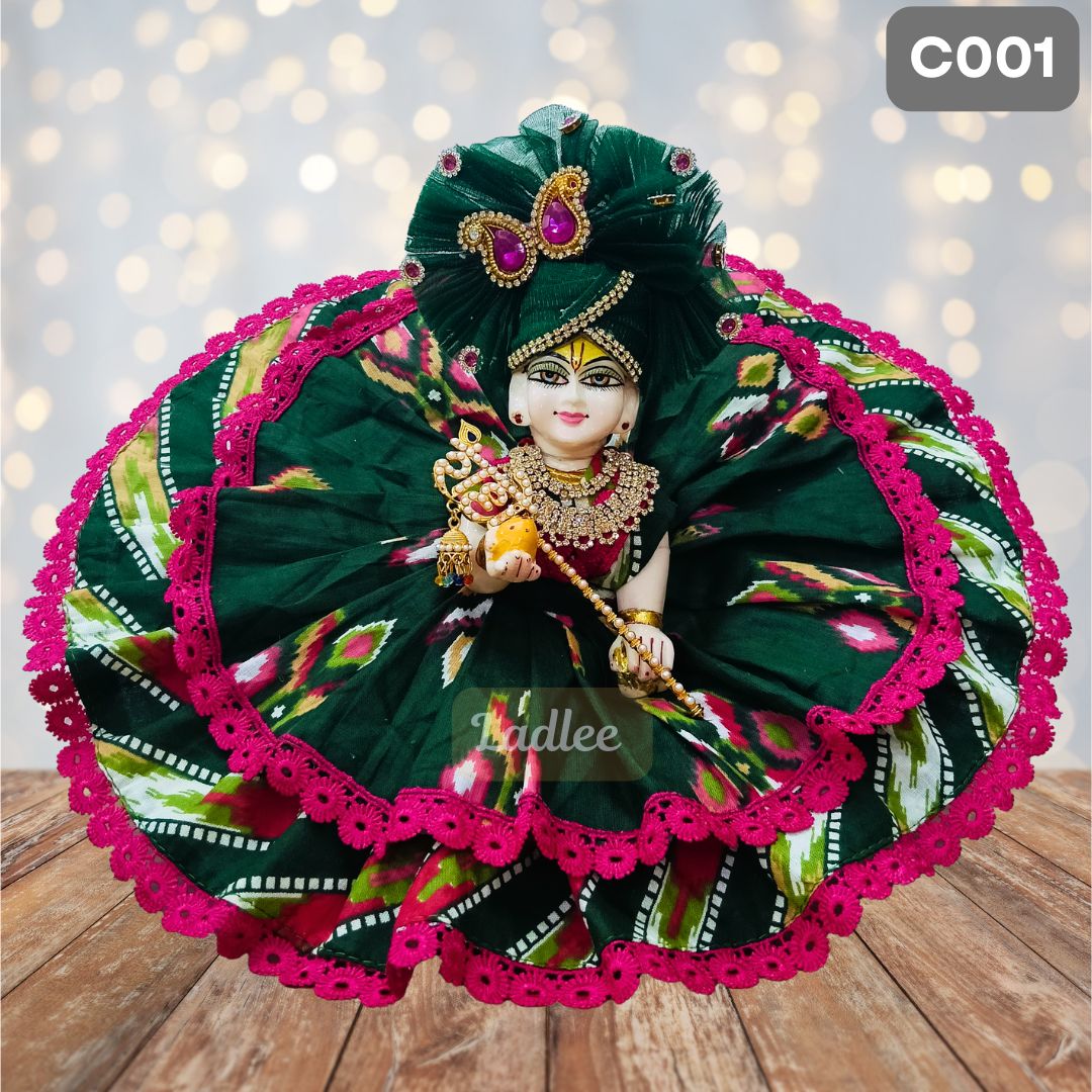 Green Printed Cotton Laddu Gopal Poshak with Matching Pagdi 