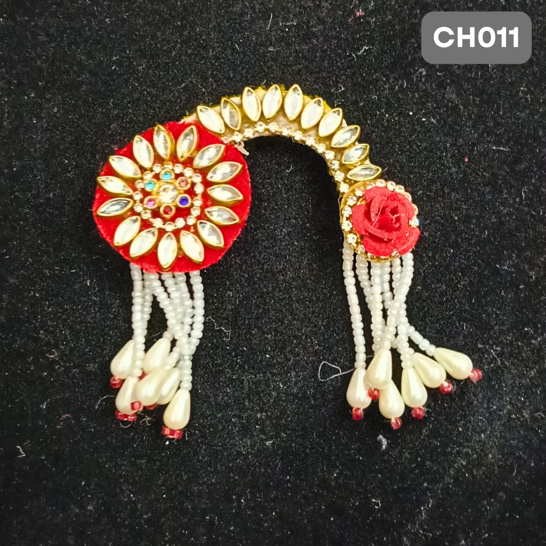 Red Radha Rani Chandrika with Golden Stones & Pearls