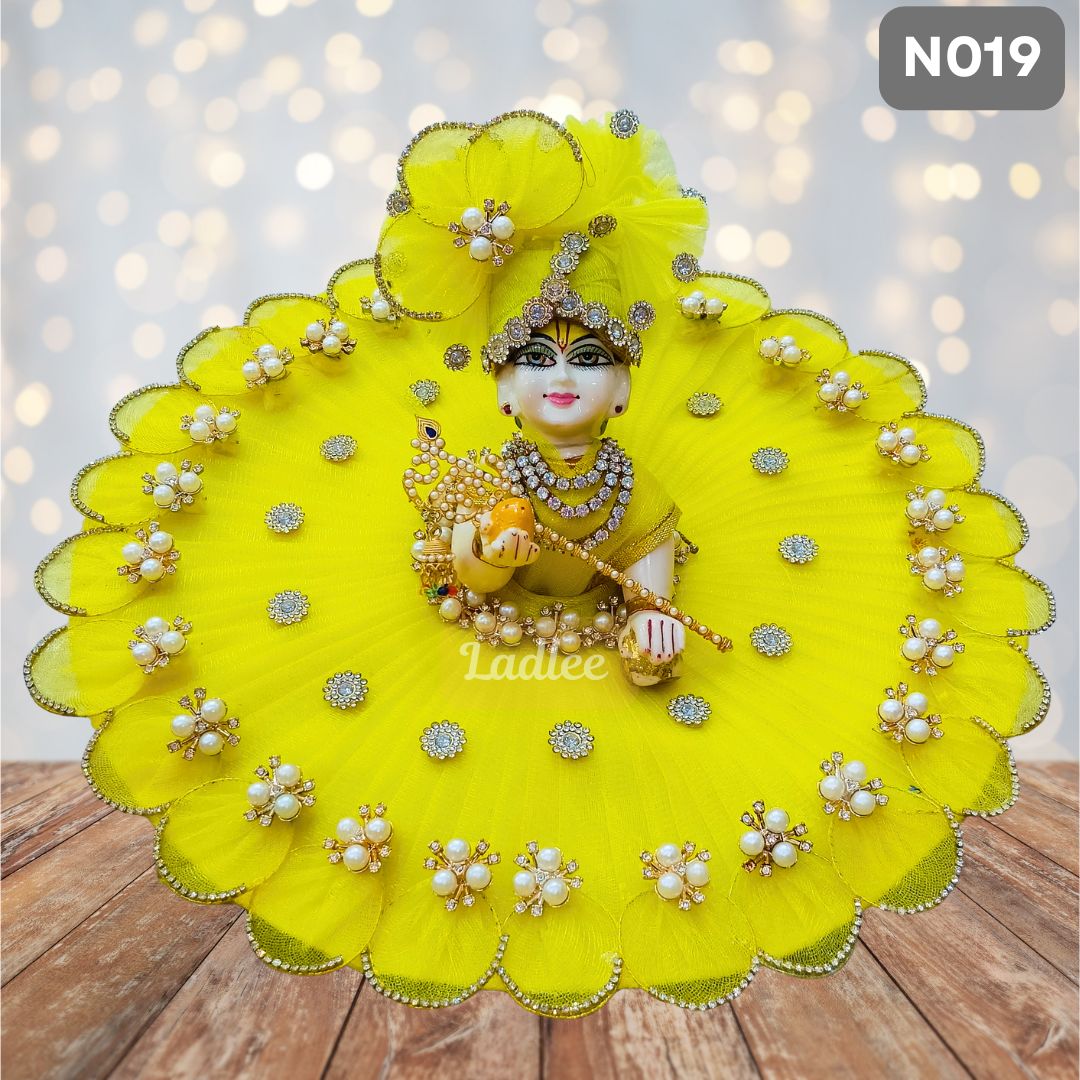 Lemon Yellow Net Laddu Gopal Poshak with Matching Pagdi | N019