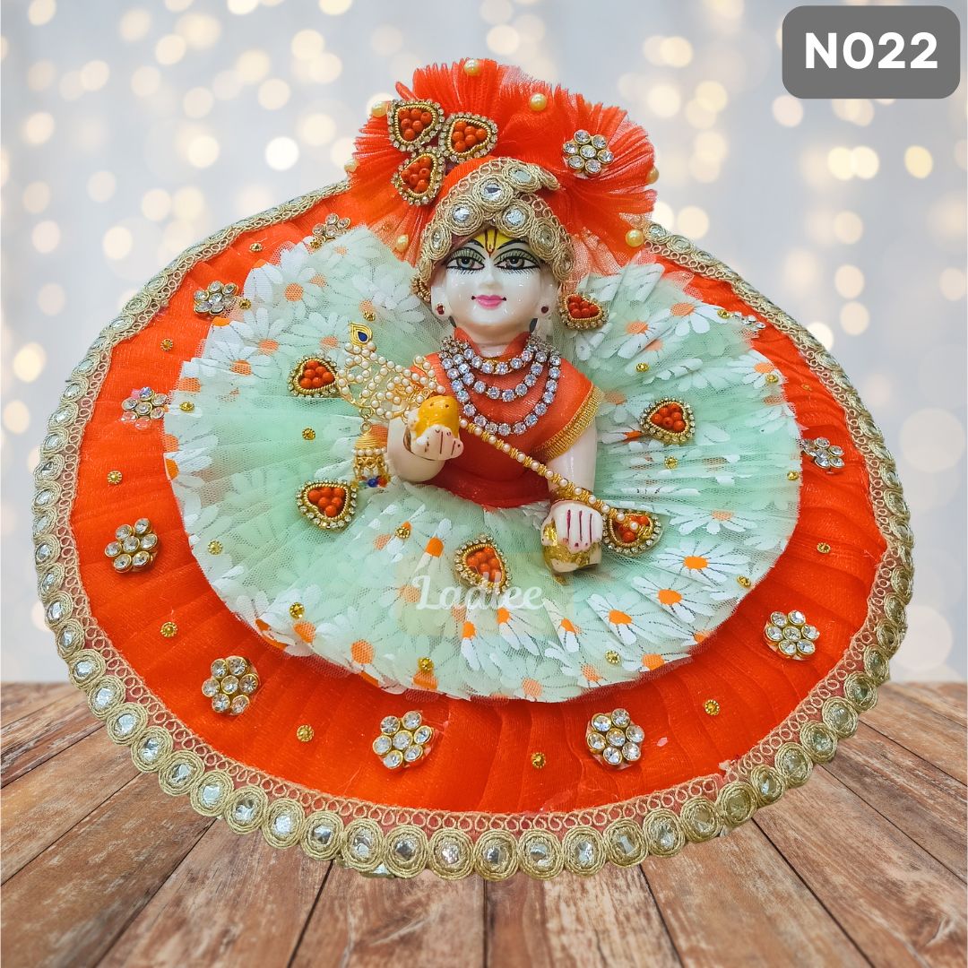 White and  Orange net Laddu Gopal Poshak with Matching Pagdi | N022