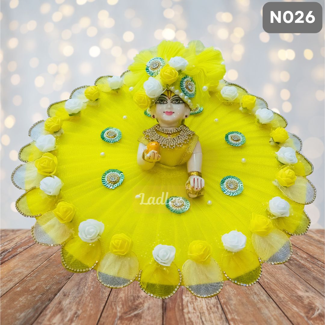 Lemon Yellow Net Laddu Gopal Poshak with Matching Pagdi | N026
