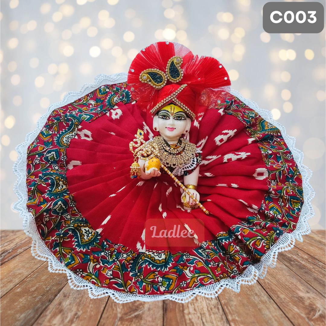 Laddu Gopal Red Cotton Poshak with Pagdi | Handmade Thakur Ji Dress | C003