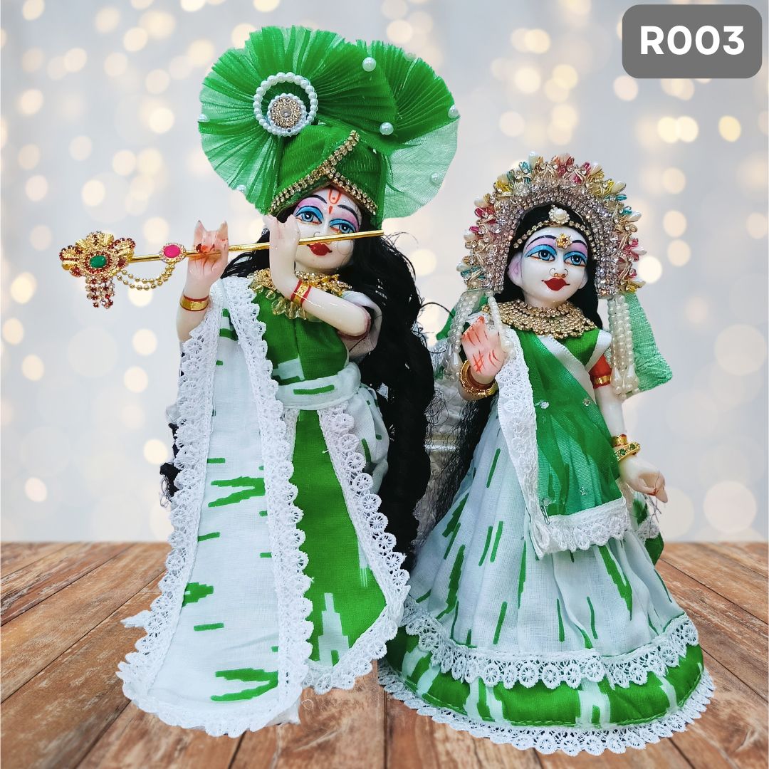 White Green Cotton Radha Krishna Dress (Jodi) with Pagdi & Dupatta 
