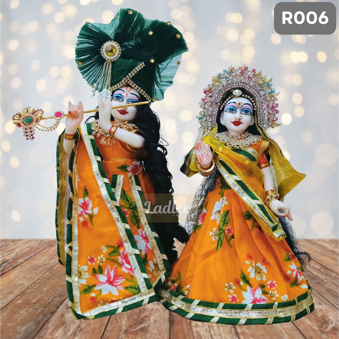 Yellow Printed Cotton Radha Krishna Dress (Jodi) with Pagdi & Dupatta 