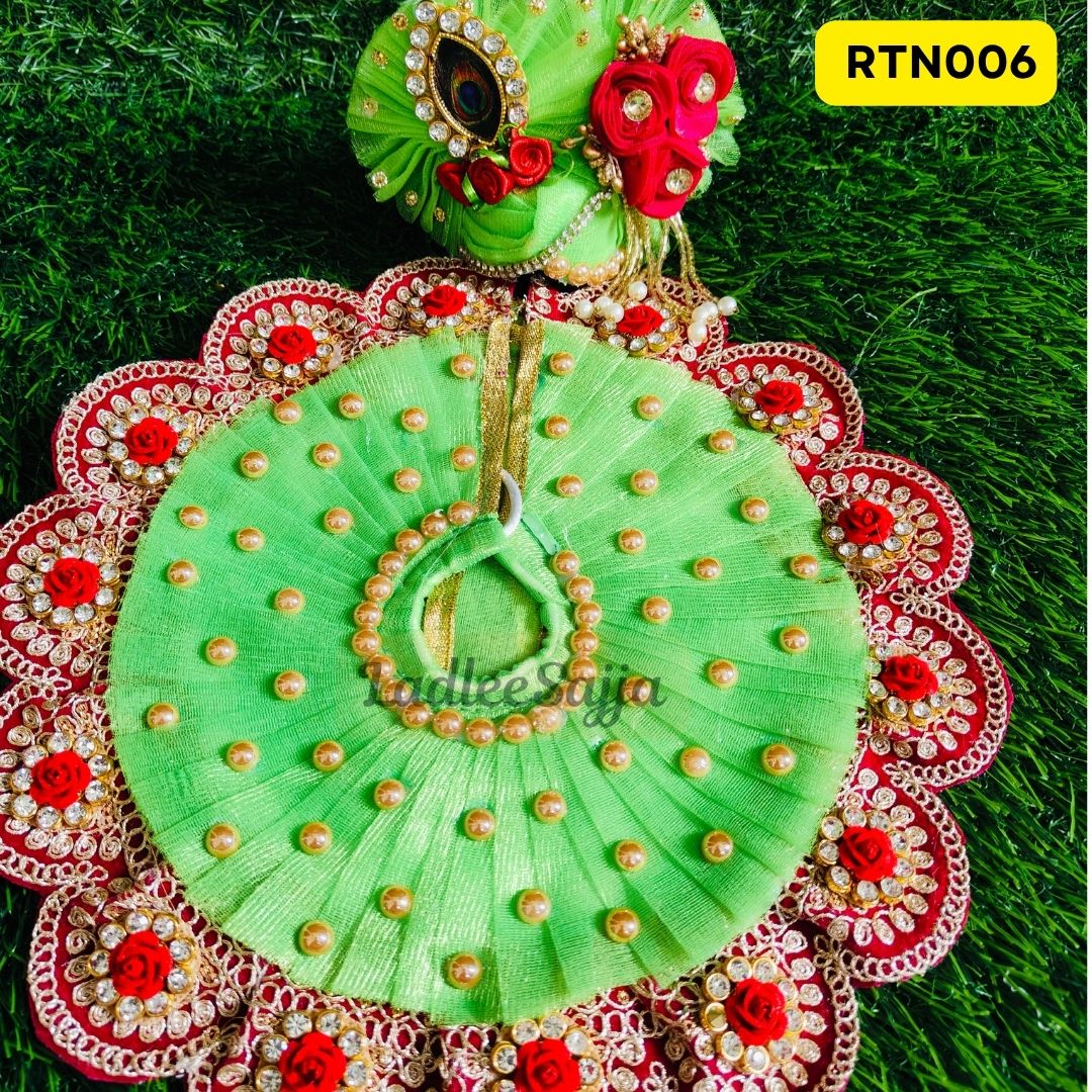 Parrot Green Laddu Gopal Dress with Red Rose and Pearl Design paired with Matching Pagdi | RTN006