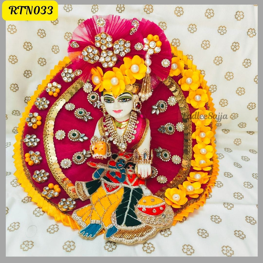 Elegant Magenta pink Laddu Gopal Dress with Yellow Floral Accents and Matching Pagdi | Handcrafted Gopal Poshak | RTN033