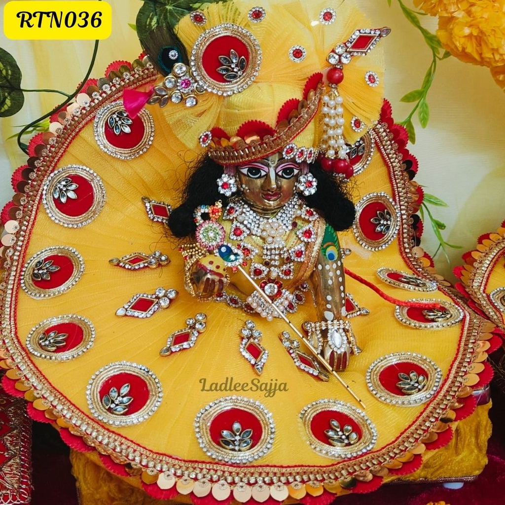 Golden Yellow Laddu Gopal Dress with Red Embellishments | Handcrafted Gopal Poshak | RTN036
