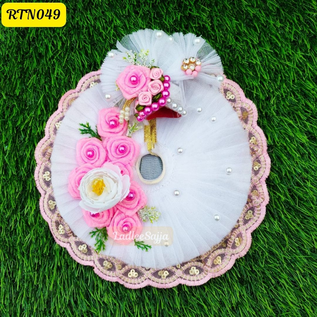 Elegant White Laddu Gopal Dress with Pink Floral Accents and Matching Pagdi | RTN049