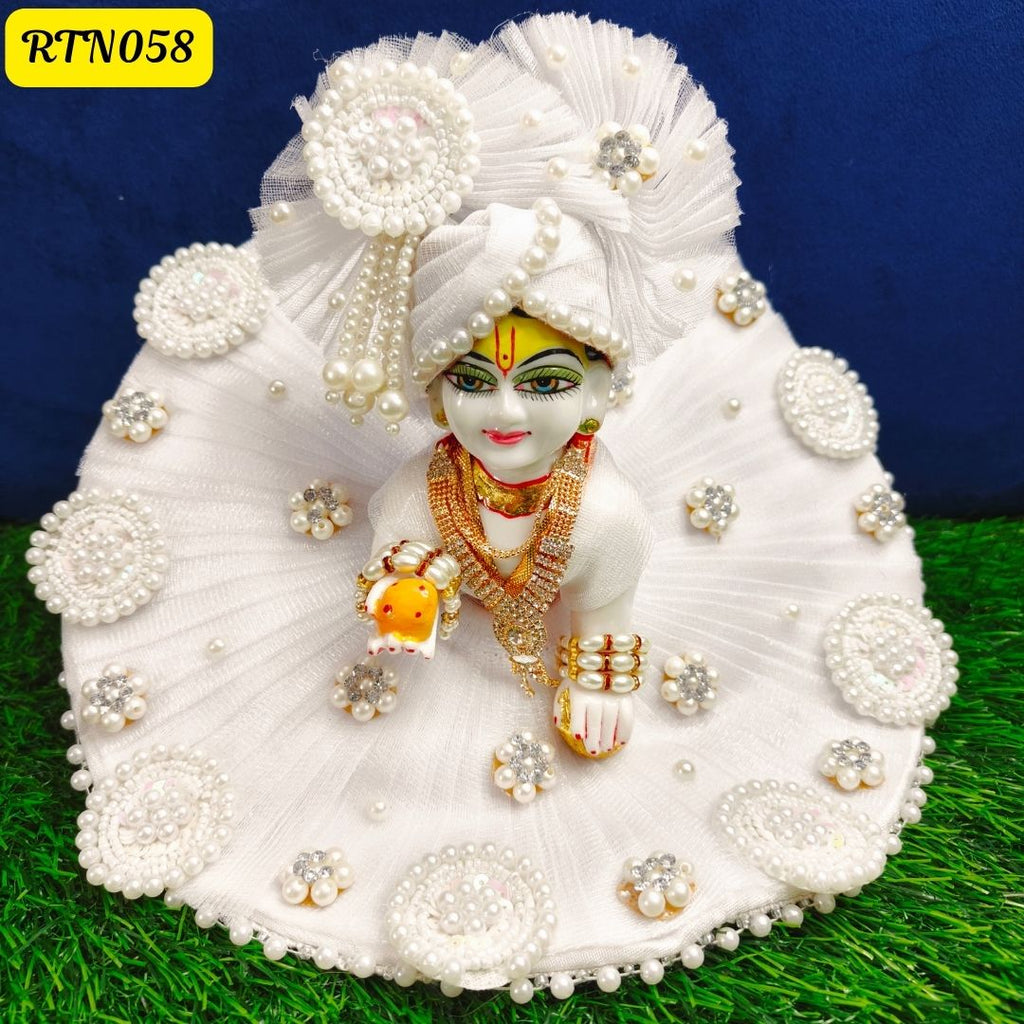 Elegant White Pearl-Embedded Laddu Gopal Net Poshak  |RTN058