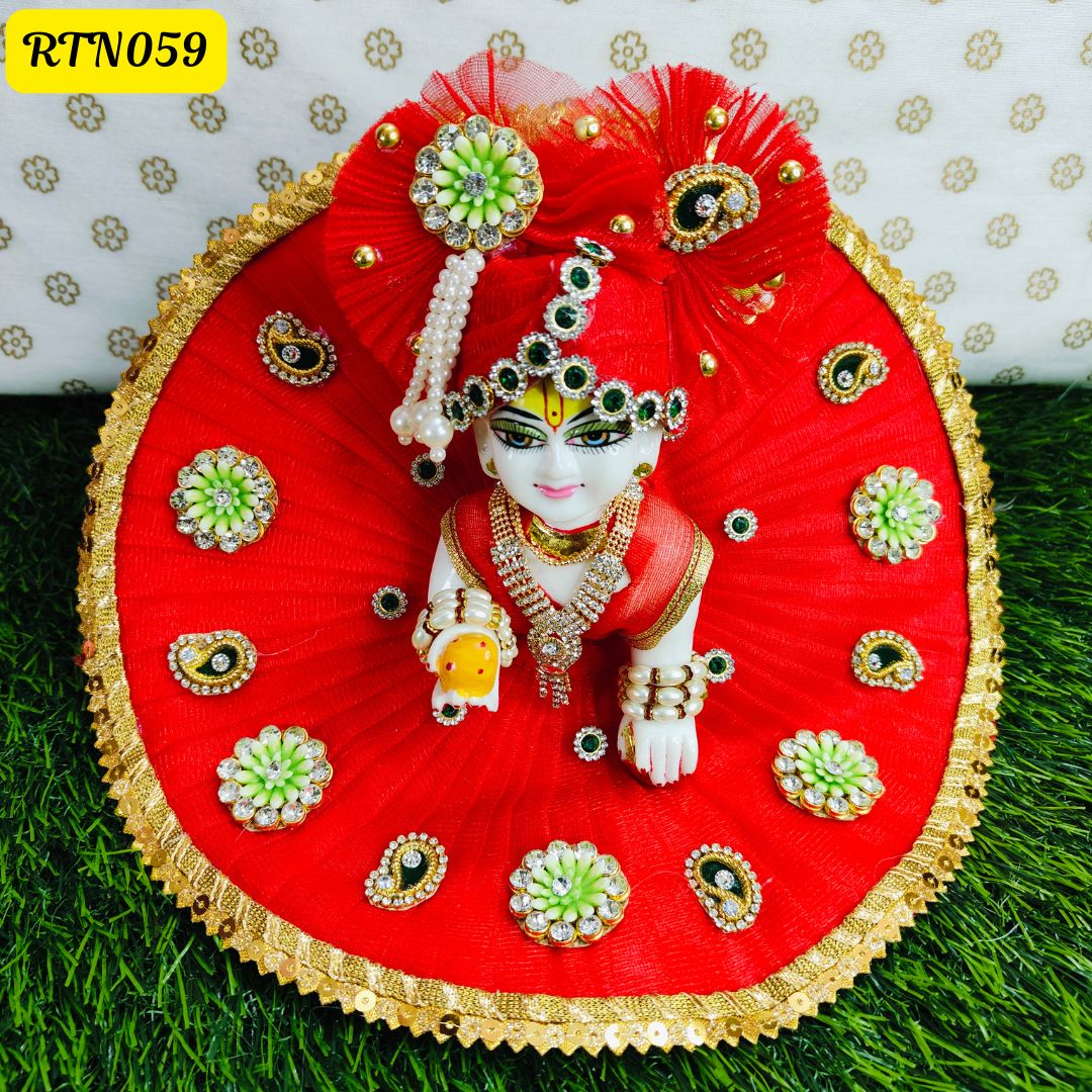 Red Stone Work Pearl Work Floral Zari Poshak for Laddu Gopal | RTN059