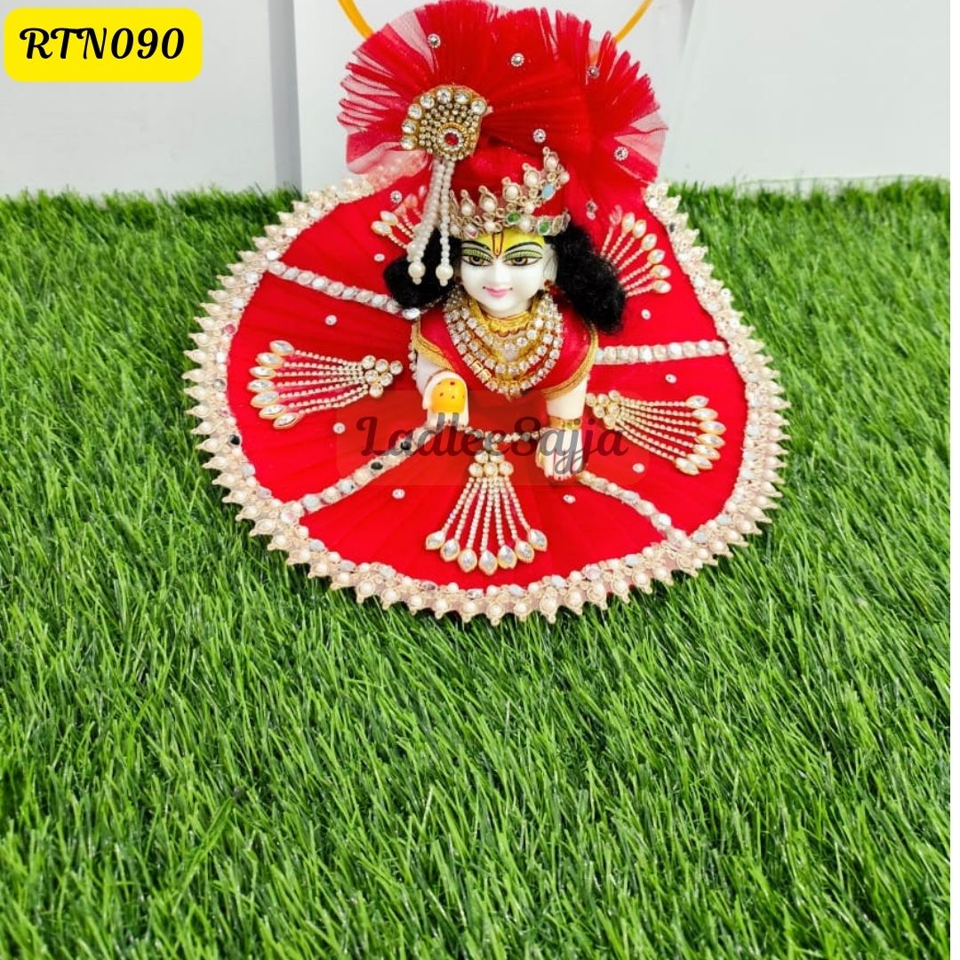 Red Laddu Gopal Dress and matching Pagdi with Pearl and Stone Embellishments | RTN090