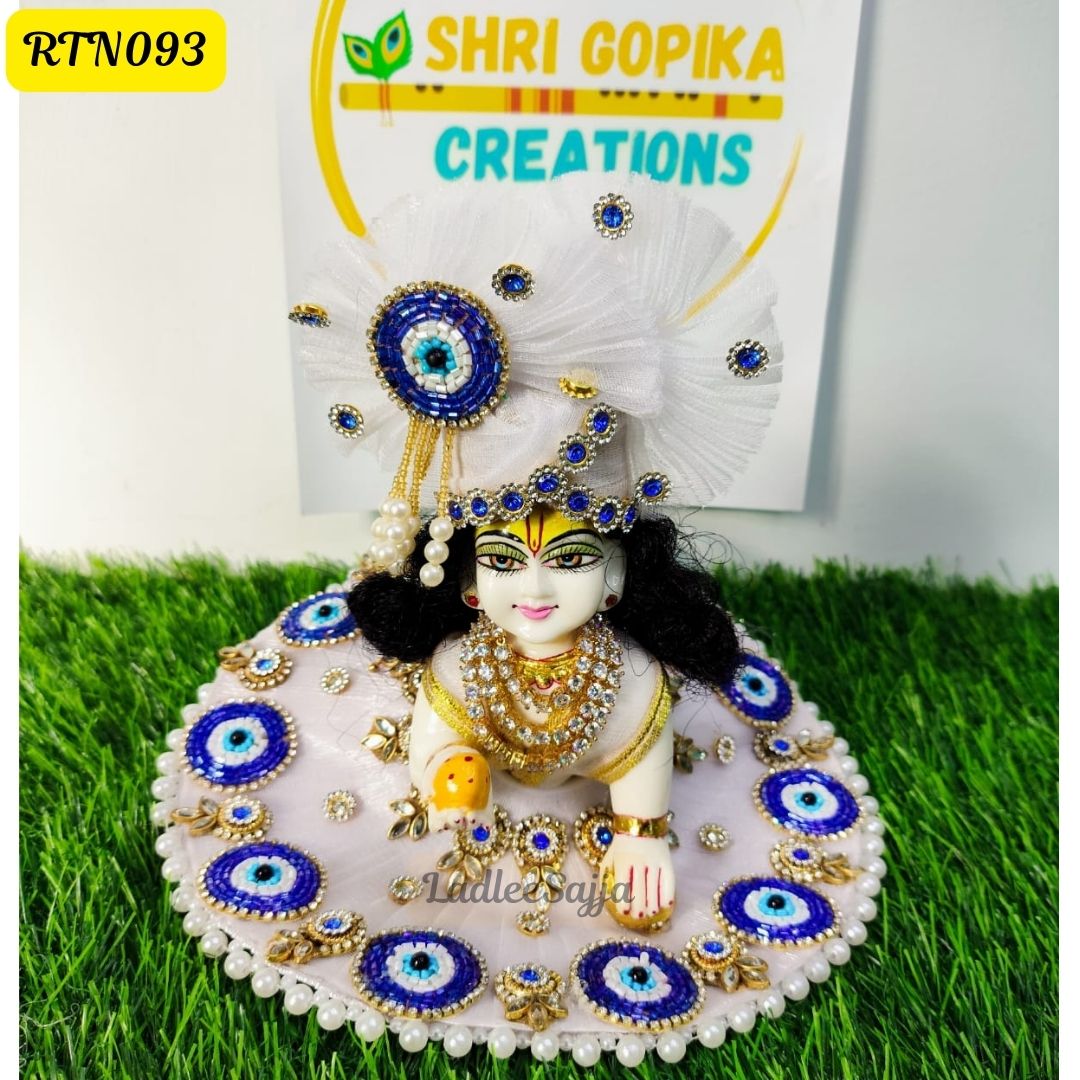 White and Blue Evil Eye Laddu Gopal Dress with Matching Pagdi | RTN093