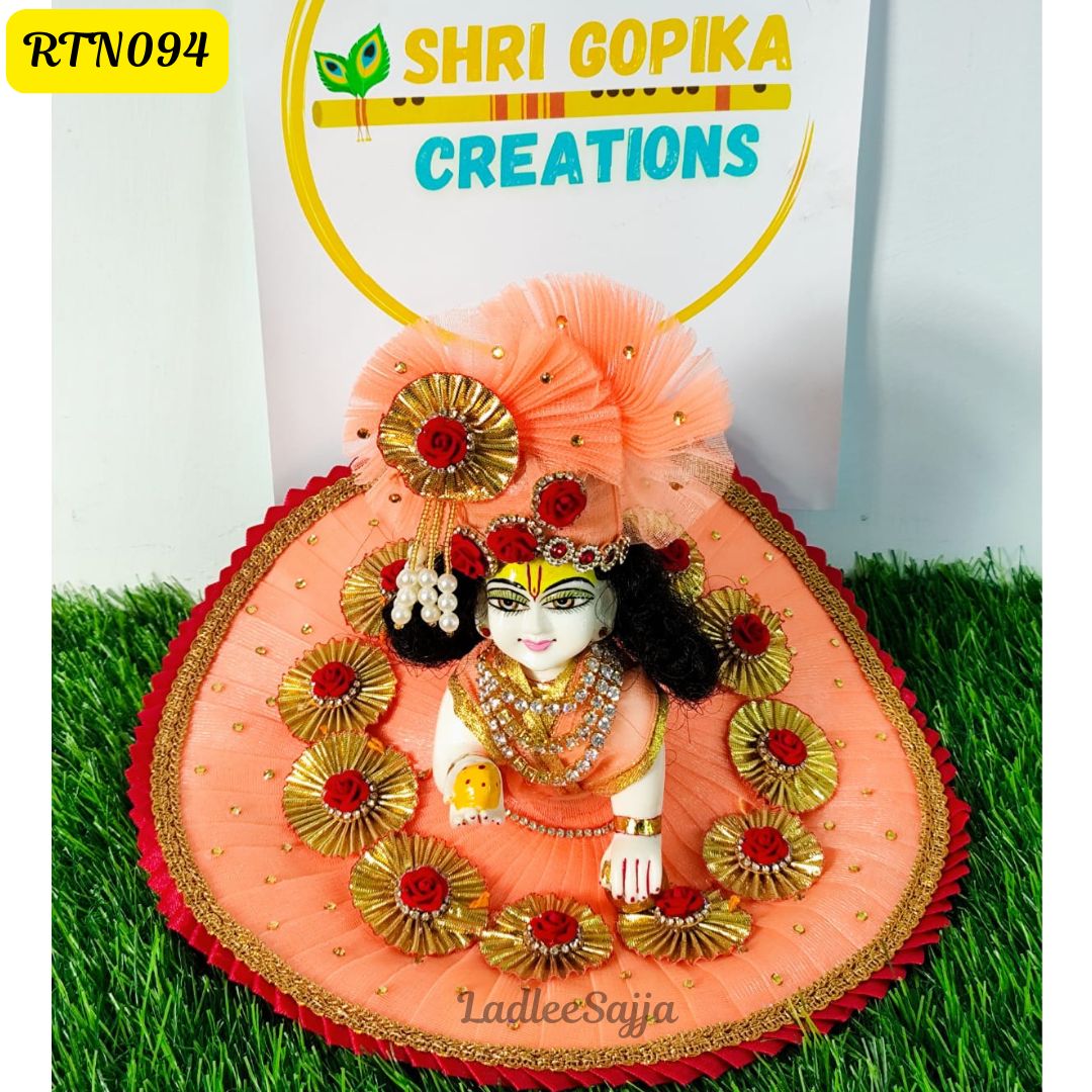 Peach Zari Beads Floral Poshak for Laddu Gopal | RTN094