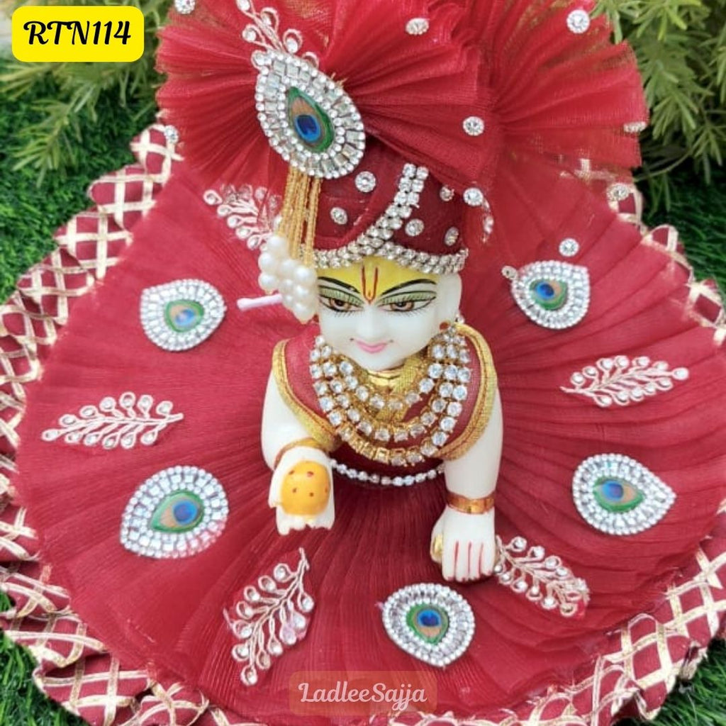 Elegant Red Laddu Gopal Dress with Peacock Accents | RTN114